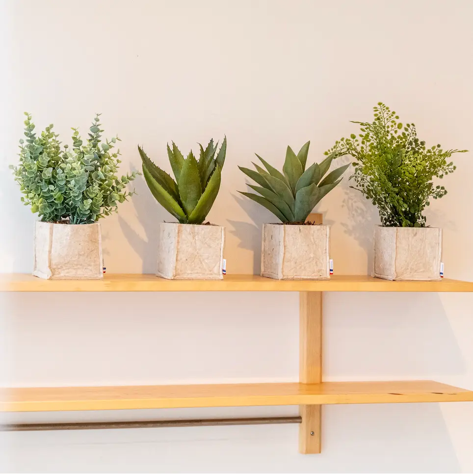 Lot de 4 pots végétalisés - Pots Beige en Tissu - Artificiel